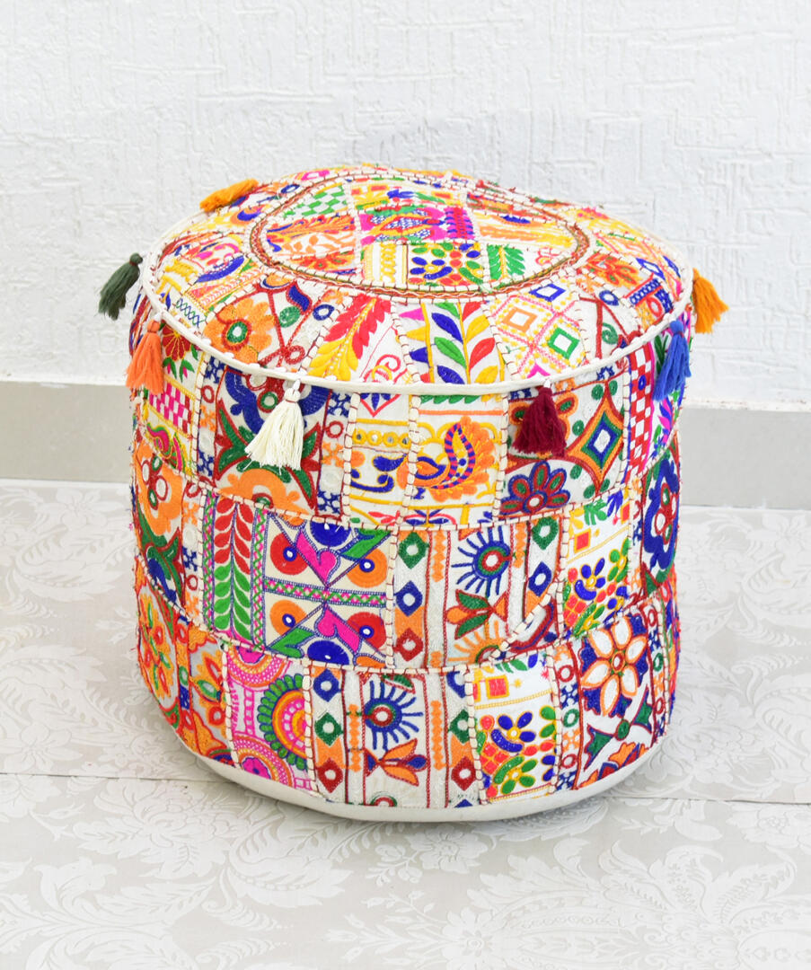 Gwen Pouffe/Ottoman Gujrati Rajmodi Patchwork - White - Image 3